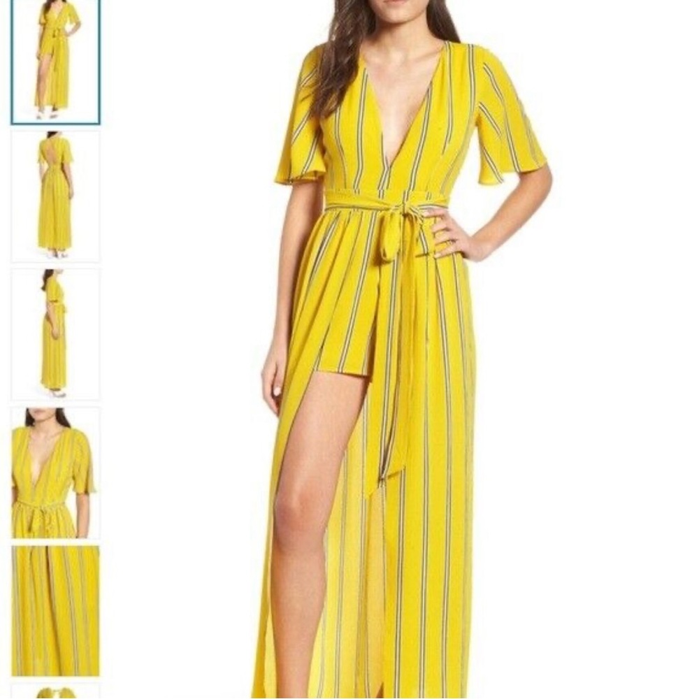 Socialite mustard striped cut out back women’s jumpsuit size medium
